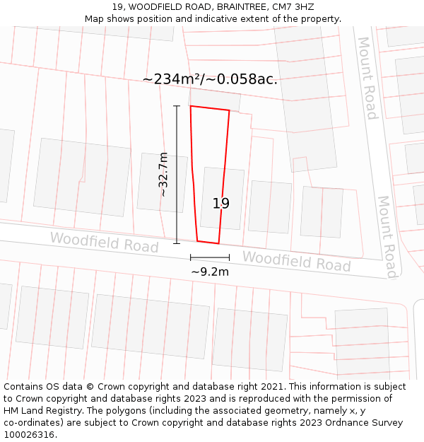 19, WOODFIELD ROAD, BRAINTREE, CM7 3HZ: Plot and title map