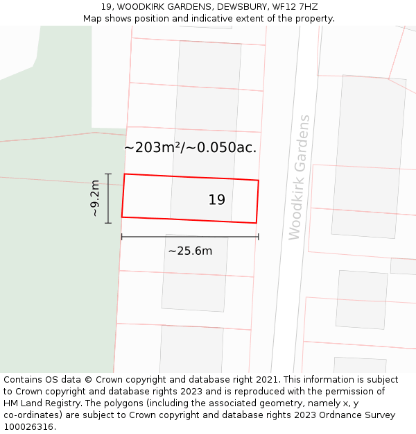 19, WOODKIRK GARDENS, DEWSBURY, WF12 7HZ: Plot and title map