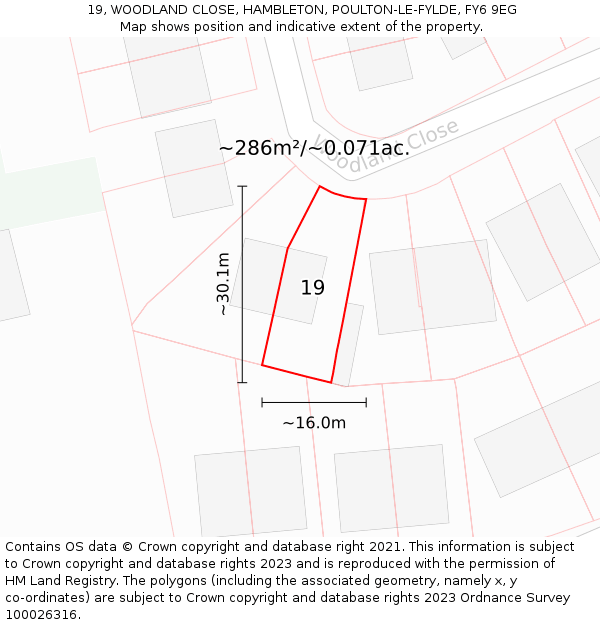 19, WOODLAND CLOSE, HAMBLETON, POULTON-LE-FYLDE, FY6 9EG: Plot and title map