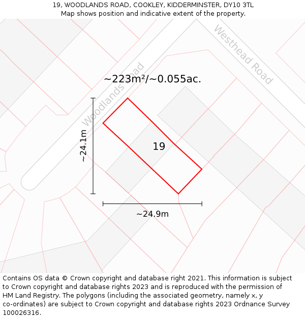 19, WOODLANDS ROAD, COOKLEY, KIDDERMINSTER, DY10 3TL: Plot and title map