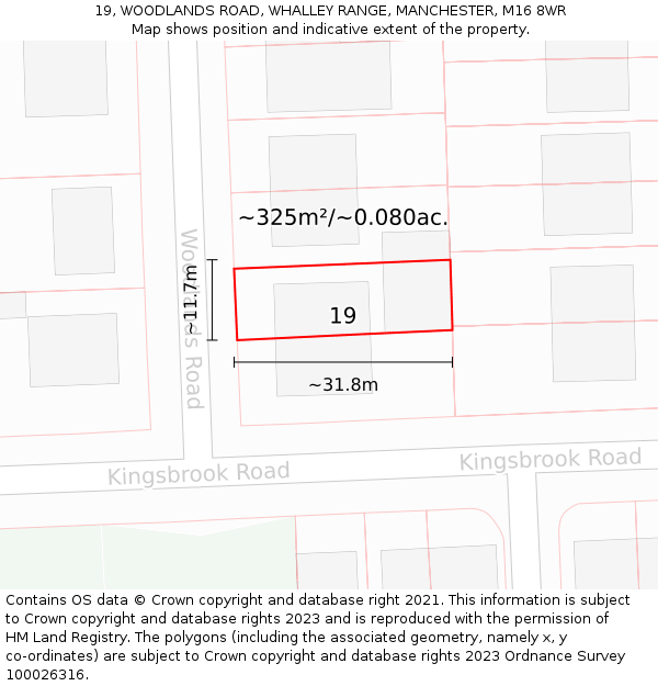 19, WOODLANDS ROAD, WHALLEY RANGE, MANCHESTER, M16 8WR: Plot and title map