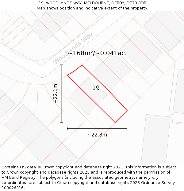 19, WOODLANDS WAY, MELBOURNE, DERBY, DE73 8DR: Plot and title map
