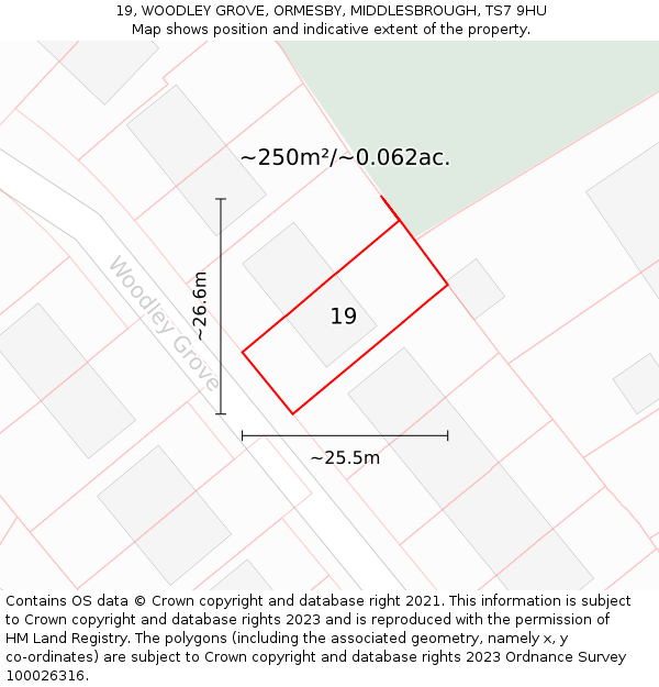 19, WOODLEY GROVE, ORMESBY, MIDDLESBROUGH, TS7 9HU: Plot and title map