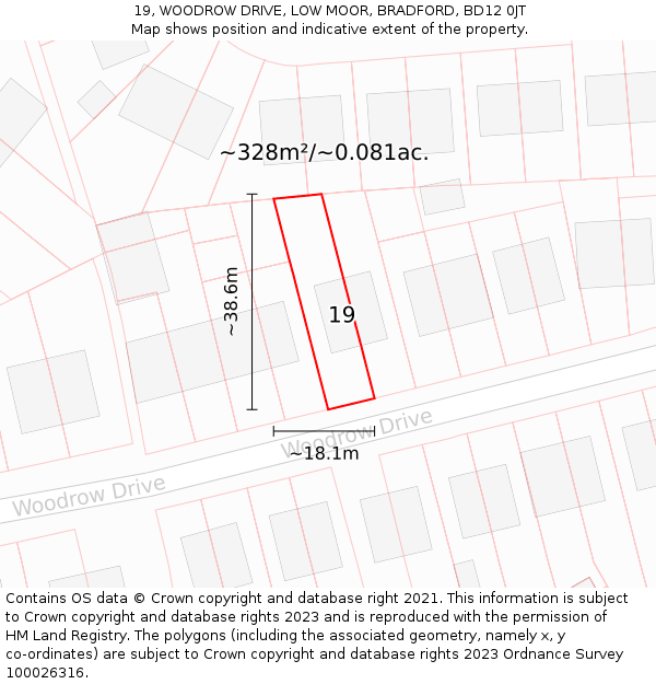 19, WOODROW DRIVE, LOW MOOR, BRADFORD, BD12 0JT: Plot and title map
