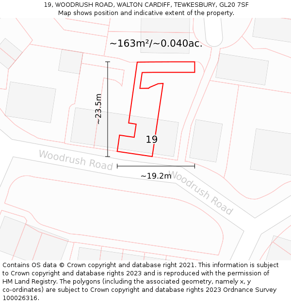 19, WOODRUSH ROAD, WALTON CARDIFF, TEWKESBURY, GL20 7SF: Plot and title map