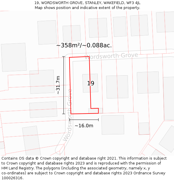 19, WORDSWORTH GROVE, STANLEY, WAKEFIELD, WF3 4JL: Plot and title map