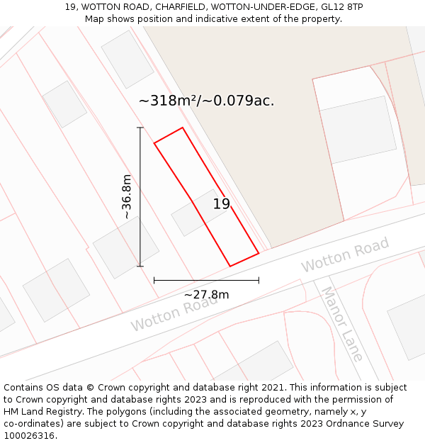 19, WOTTON ROAD, CHARFIELD, WOTTON-UNDER-EDGE, GL12 8TP: Plot and title map