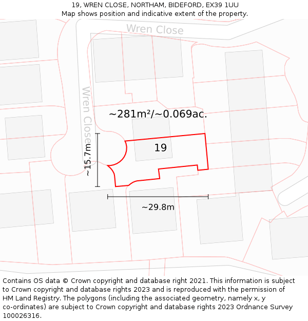 19, WREN CLOSE, NORTHAM, BIDEFORD, EX39 1UU: Plot and title map