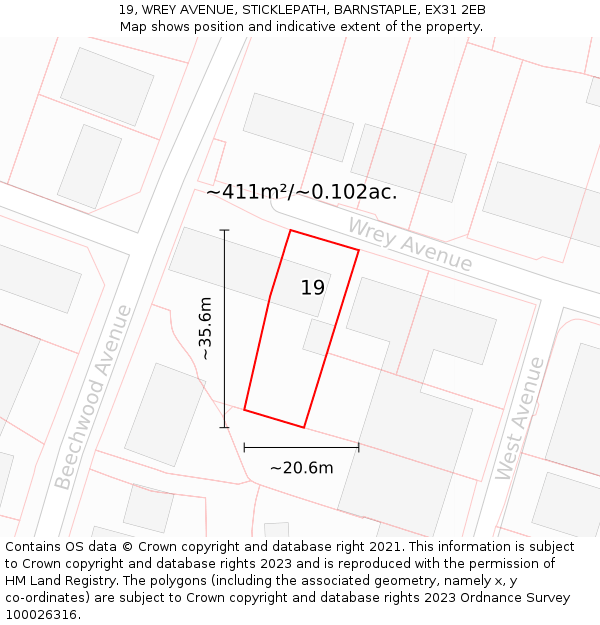 19, WREY AVENUE, STICKLEPATH, BARNSTAPLE, EX31 2EB: Plot and title map