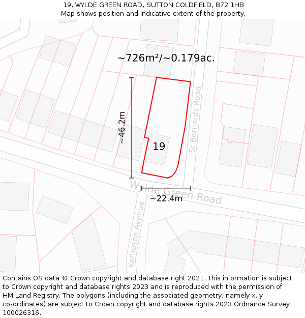 19, WYLDE GREEN ROAD, SUTTON COLDFIELD, B72 1HB: Plot and title map