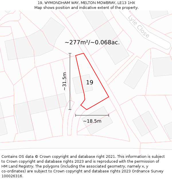 19, WYMONDHAM WAY, MELTON MOWBRAY, LE13 1HX: Plot and title map