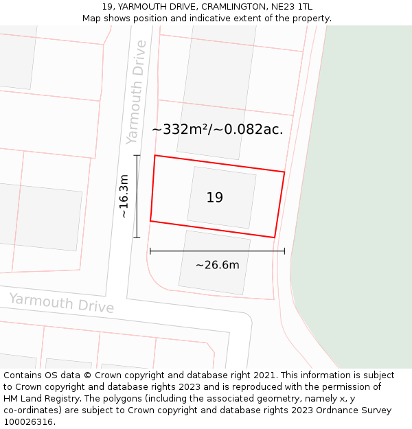 19, YARMOUTH DRIVE, CRAMLINGTON, NE23 1TL: Plot and title map