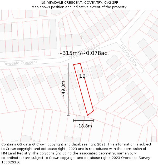 19, YEWDALE CRESCENT, COVENTRY, CV2 2FF: Plot and title map