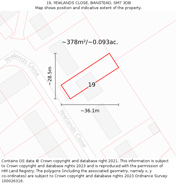 19, YEWLANDS CLOSE, BANSTEAD, SM7 3DB: Plot and title map