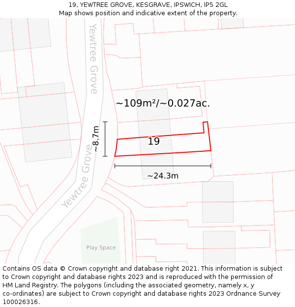 19, YEWTREE GROVE, KESGRAVE, IPSWICH, IP5 2GL: Plot and title map