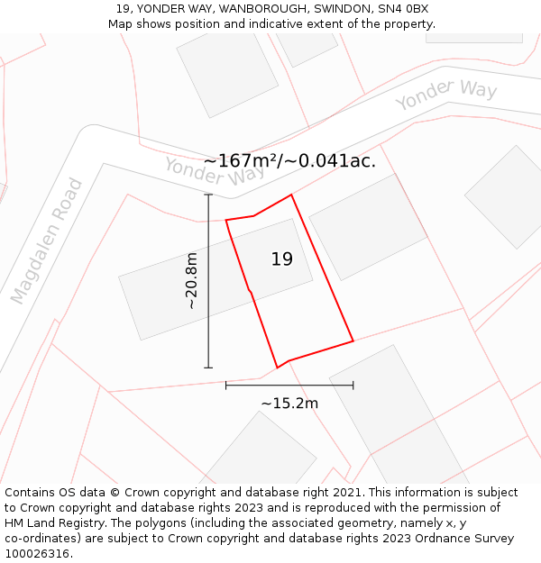 19, YONDER WAY, WANBOROUGH, SWINDON, SN4 0BX: Plot and title map