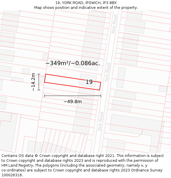 19, YORK ROAD, IPSWICH, IP3 8BX: Plot and title map
