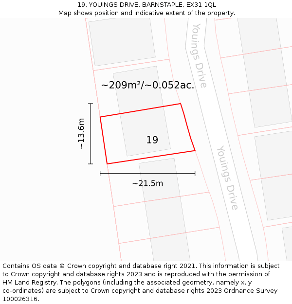 19, YOUINGS DRIVE, BARNSTAPLE, EX31 1QL: Plot and title map