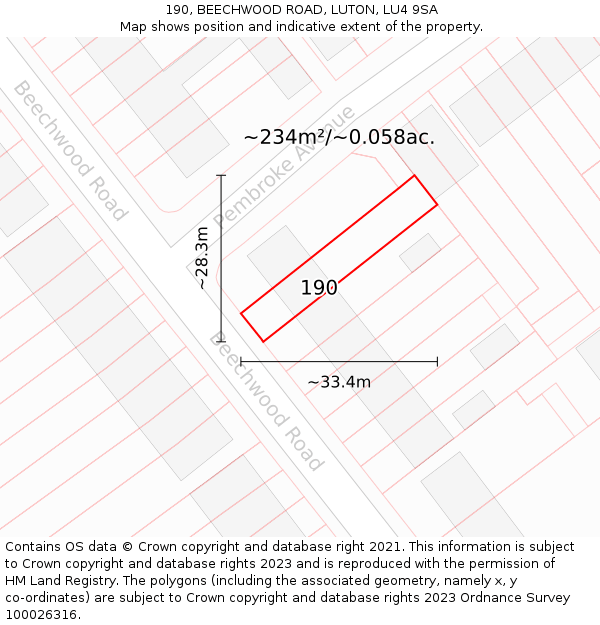 190, BEECHWOOD ROAD, LUTON, LU4 9SA: Plot and title map