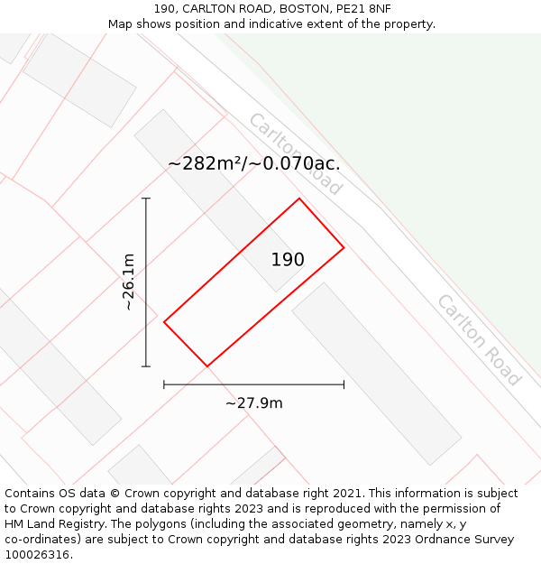 190, CARLTON ROAD, BOSTON, PE21 8NF: Plot and title map