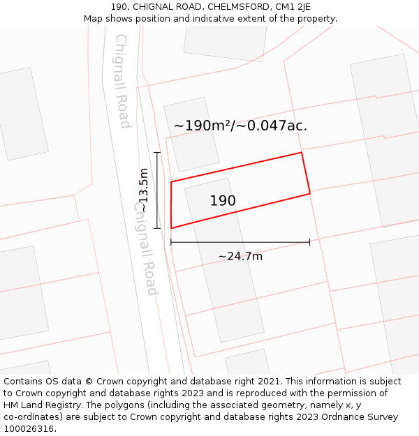 190, CHIGNAL ROAD, CHELMSFORD, CM1 2JE: Plot and title map