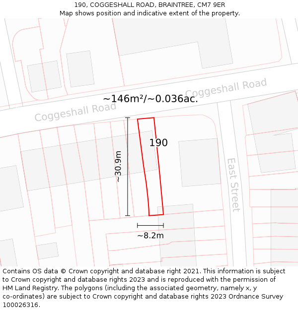 190, COGGESHALL ROAD, BRAINTREE, CM7 9ER: Plot and title map