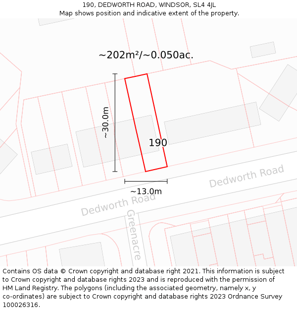 190, DEDWORTH ROAD, WINDSOR, SL4 4JL: Plot and title map