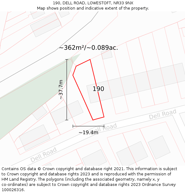 190, DELL ROAD, LOWESTOFT, NR33 9NX: Plot and title map