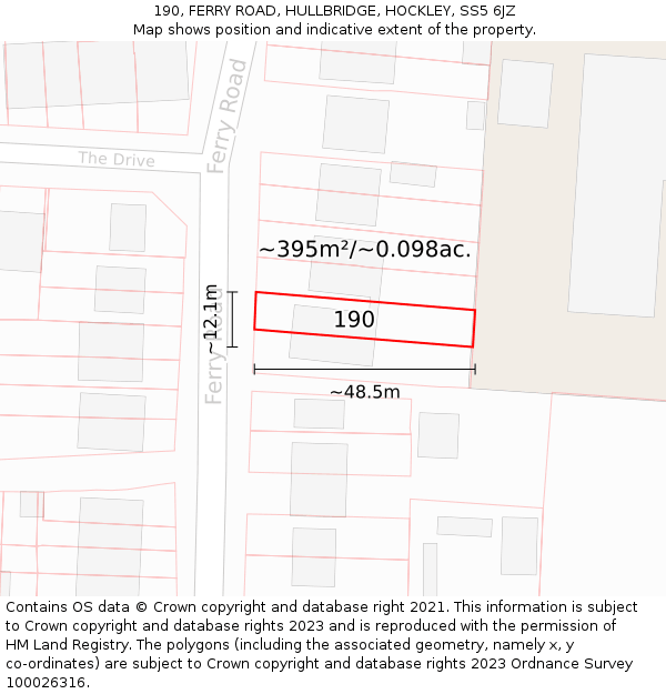 190, FERRY ROAD, HULLBRIDGE, HOCKLEY, SS5 6JZ: Plot and title map
