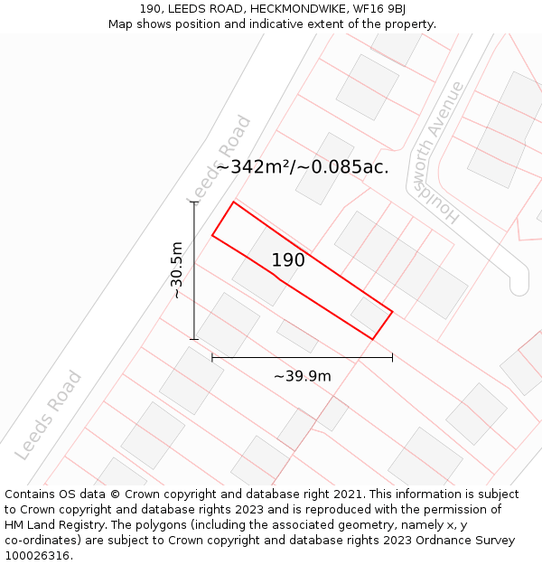 190, LEEDS ROAD, HECKMONDWIKE, WF16 9BJ: Plot and title map