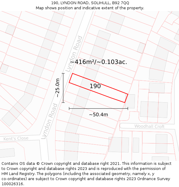 190, LYNDON ROAD, SOLIHULL, B92 7QQ: Plot and title map