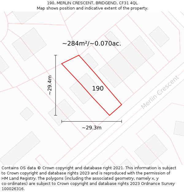 190, MERLIN CRESCENT, BRIDGEND, CF31 4QL: Plot and title map