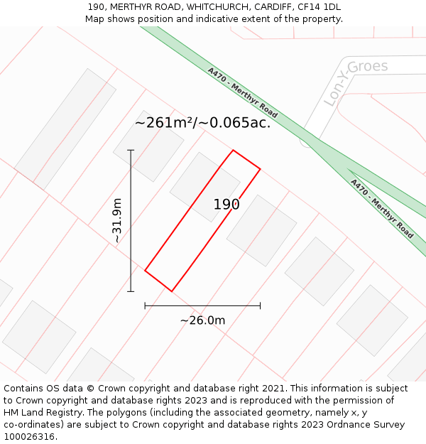 190, MERTHYR ROAD, WHITCHURCH, CARDIFF, CF14 1DL: Plot and title map