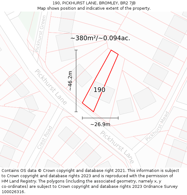 190, PICKHURST LANE, BROMLEY, BR2 7JB: Plot and title map