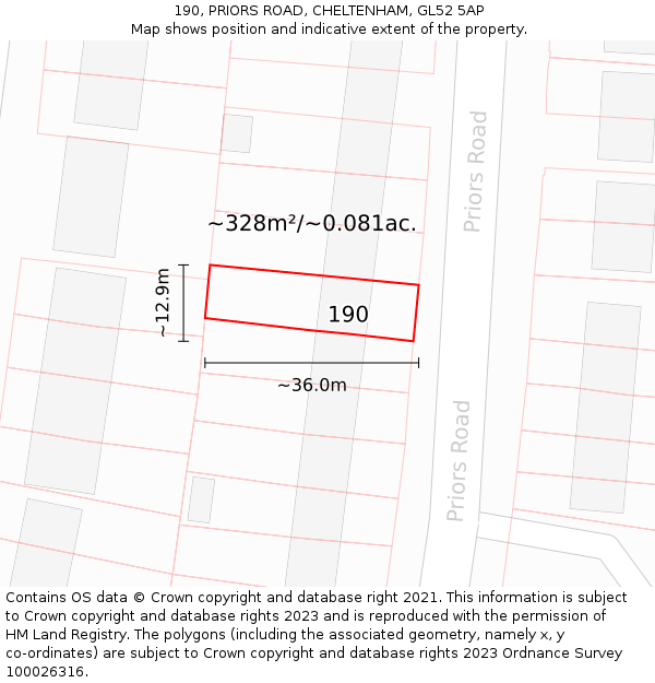 190, PRIORS ROAD, CHELTENHAM, GL52 5AP: Plot and title map