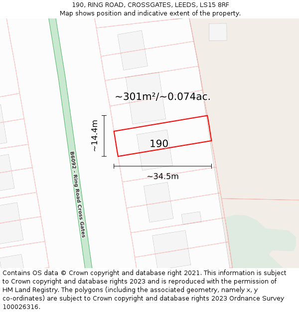 190, RING ROAD, CROSSGATES, LEEDS, LS15 8RF: Plot and title map