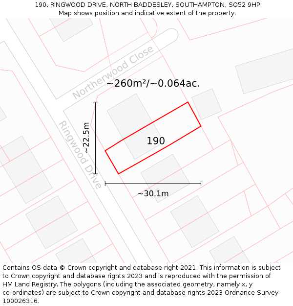 190, RINGWOOD DRIVE, NORTH BADDESLEY, SOUTHAMPTON, SO52 9HP: Plot and title map