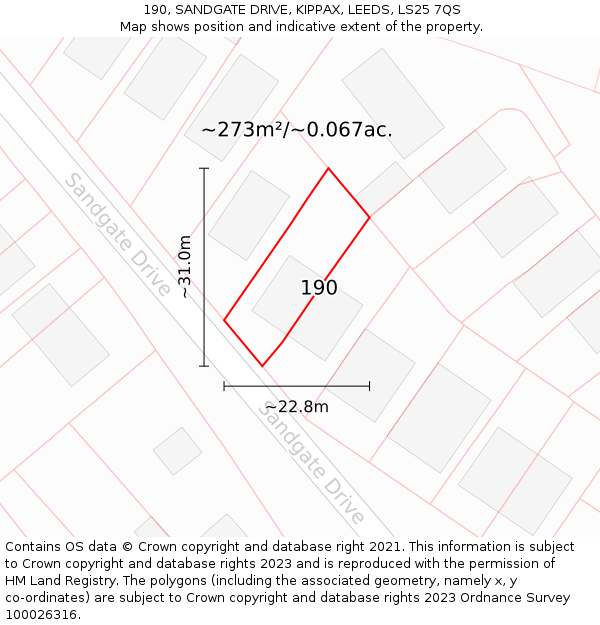 190, SANDGATE DRIVE, KIPPAX, LEEDS, LS25 7QS: Plot and title map