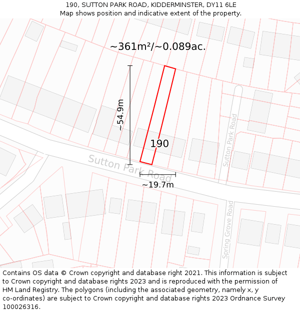 190, SUTTON PARK ROAD, KIDDERMINSTER, DY11 6LE: Plot and title map