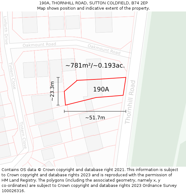 190A, THORNHILL ROAD, SUTTON COLDFIELD, B74 2EP: Plot and title map