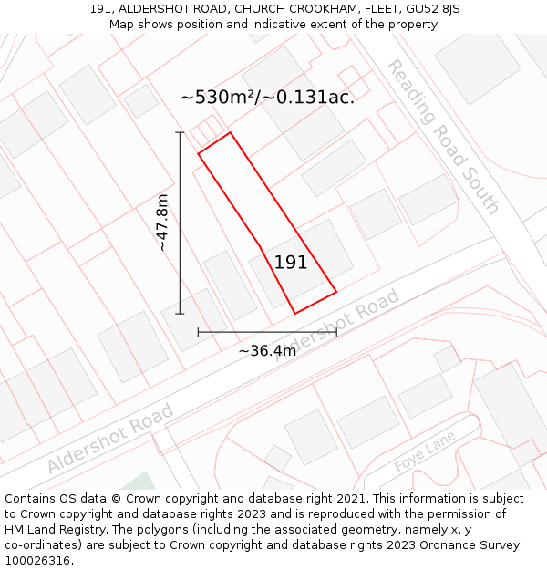 191, ALDERSHOT ROAD, CHURCH CROOKHAM, FLEET, GU52 8JS: Plot and title map