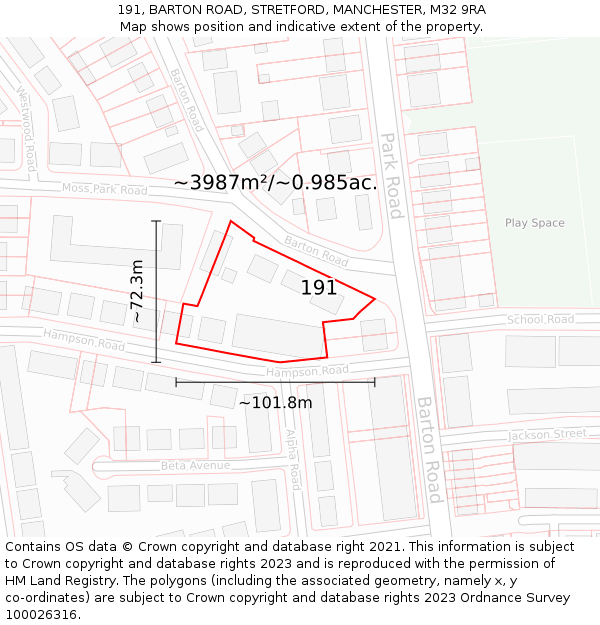 191, BARTON ROAD, STRETFORD, MANCHESTER, M32 9RA: Plot and title map