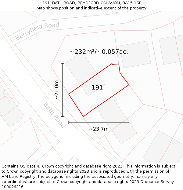 191, BATH ROAD, BRADFORD-ON-AVON, BA15 1SP: Plot and title map