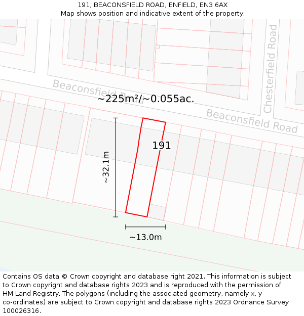 191, BEACONSFIELD ROAD, ENFIELD, EN3 6AX: Plot and title map