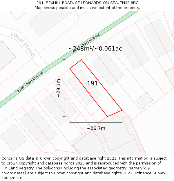 191, BEXHILL ROAD, ST LEONARDS-ON-SEA, TN38 8BG: Plot and title map
