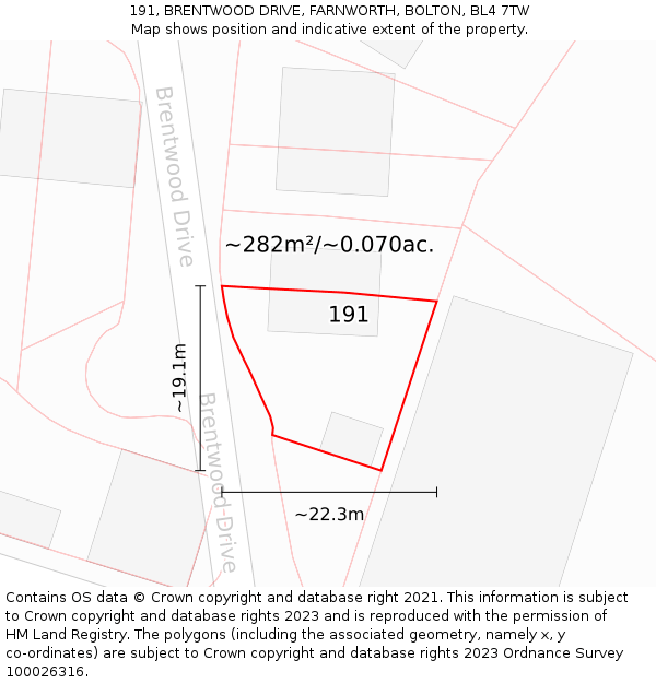 191, BRENTWOOD DRIVE, FARNWORTH, BOLTON, BL4 7TW: Plot and title map
