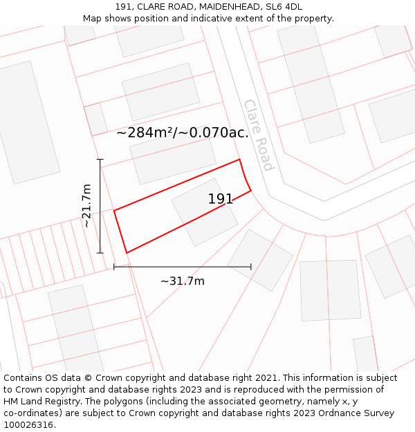 191, CLARE ROAD, MAIDENHEAD, SL6 4DL: Plot and title map