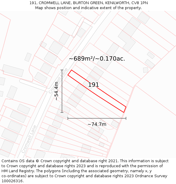 191, CROMWELL LANE, BURTON GREEN, KENILWORTH, CV8 1PN: Plot and title map