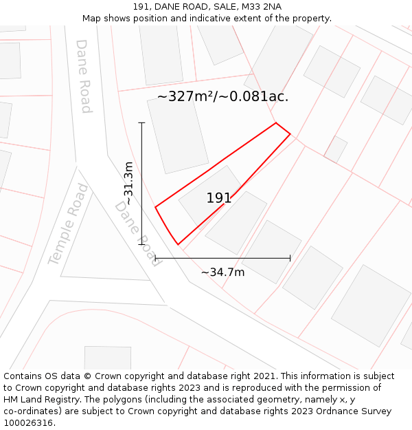 191, DANE ROAD, SALE, M33 2NA: Plot and title map