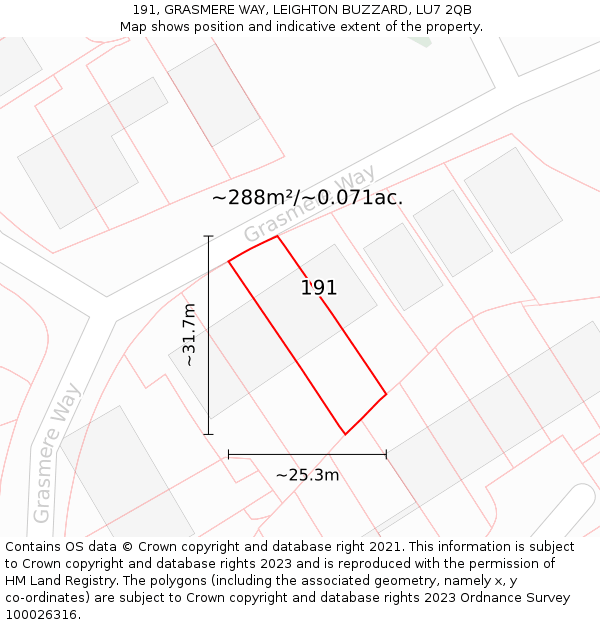 191, GRASMERE WAY, LEIGHTON BUZZARD, LU7 2QB: Plot and title map